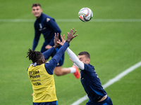 Caleb Okoli and Alessandro Buongiorno attend the Italy training camp session in Coverciano, Florence, on October 7, 2024. (