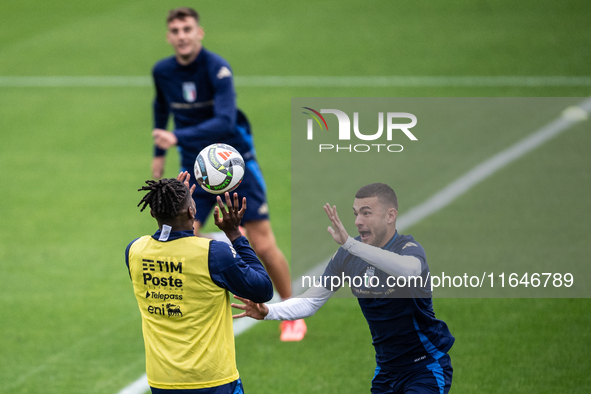 Caleb Okoli and Alessandro Buongiorno attend the Italy training camp session in Coverciano, Florence, on October 7, 2024. 