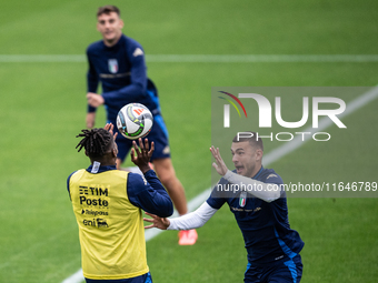 Caleb Okoli and Alessandro Buongiorno attend the Italy training camp session in Coverciano, Florence, on October 7, 2024. (