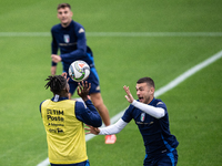 Caleb Okoli and Alessandro Buongiorno attend the Italy training camp session in Coverciano, Florence, on October 7, 2024. (