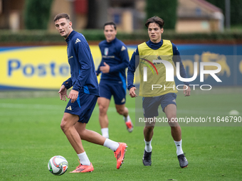 Samuele Ricci and Lorenzo Lucca attend the Italy training camp session in Coverciano, Florence, on October 7, 2024. (