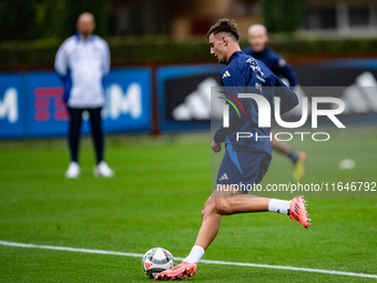 Lorenzo Lucca of Udinese attends the Italy training camp session in Coverciano, Florence, on October 7, 2024. (