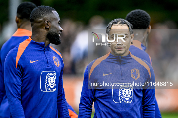 Netherlands players Lutsharel Geertruida and Xavi Simons participate in the training and press conference for the Netherlands Nations League...