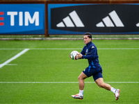 Giacomo Raspadori of SSC Napoli attends the Italy training camp session in Coverciano, Florence, on October 7, 2024. (