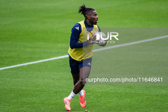 Caleb Okoli attends the Italy training camp session in Coverciano, Florence, on October 7, 2024. 