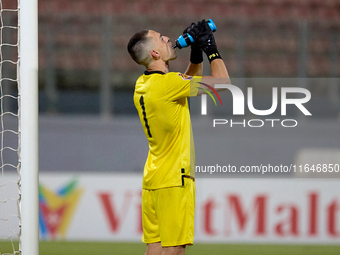 Hugo Sacco, goalkeeper of Hibernians, drinks during the Malta 360 Sports Premier League soccer match between Hamrun Spartans and Hibernians...