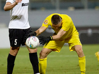 Hugo Sacco, goalkeeper of Hibernians, reacts in celebration after the Malta 360 Sports Premier League soccer match between Hamrun Spartans a...