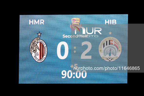 The match venue scoreboard displays the full-time result during the Malta 360 Sports Premier League soccer match between Hamrun Spartans and...