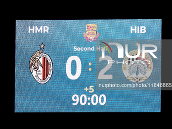 The match venue scoreboard displays the full-time result during the Malta 360 Sports Premier League soccer match between Hamrun Spartans and...