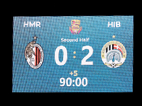 The match venue scoreboard displays the full-time result during the Malta 360 Sports Premier League soccer match between Hamrun Spartans and...