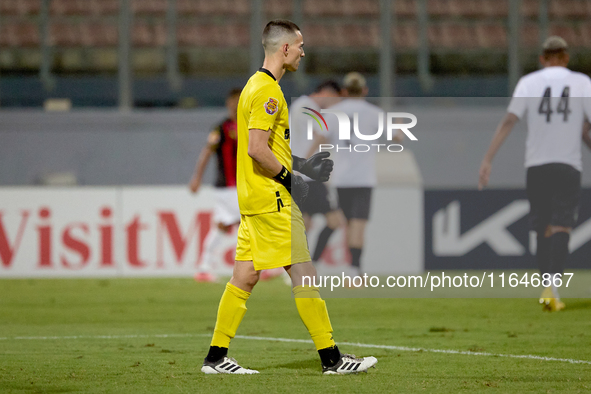 Hugo Sacco, goalkeeper of Hibernians, gestures during the Malta 360 Sports Premier League soccer match between Hamrun Spartans and Hibernian...