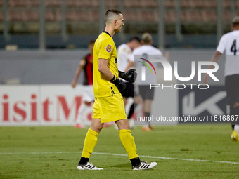 Hugo Sacco, goalkeeper of Hibernians, gestures during the Malta 360 Sports Premier League soccer match between Hamrun Spartans and Hibernian...