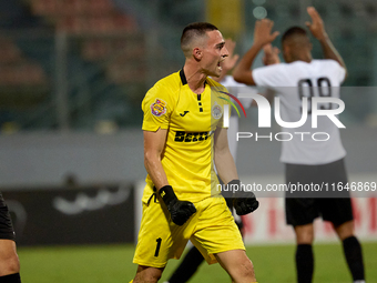 Hugo Sacco, goalkeeper of Hibernians, reacts in celebration after the Malta 360 Sports Premier League soccer match between Hamrun Spartans a...