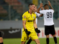 Hugo Sacco, goalkeeper of Hibernians, reacts in celebration after the Malta 360 Sports Premier League soccer match between Hamrun Spartans a...