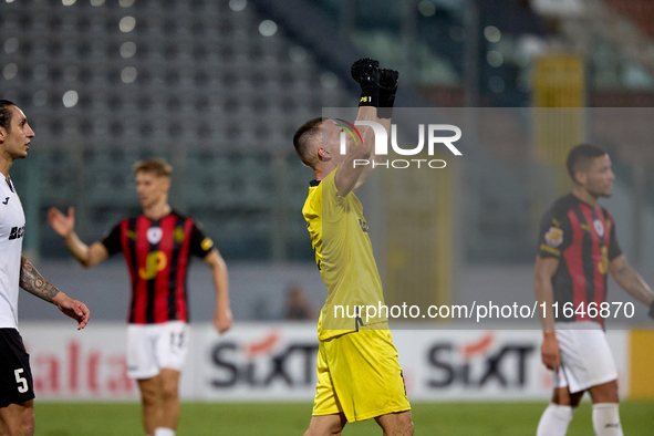 Hugo Sacco, goalkeeper of Hibernians, reacts in celebration after the Malta 360 Sports Premier League soccer match between Hamrun Spartans a...