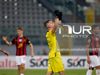 Hugo Sacco, goalkeeper of Hibernians, reacts in celebration after the Malta 360 Sports Premier League soccer match between Hamrun Spartans a...