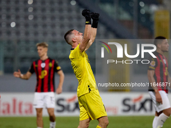 Hugo Sacco, goalkeeper of Hibernians, reacts in celebration after the Malta 360 Sports Premier League soccer match between Hamrun Spartans a...