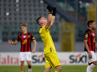 Hugo Sacco, goalkeeper of Hibernians, reacts in celebration after the Malta 360 Sports Premier League soccer match between Hamrun Spartans a...