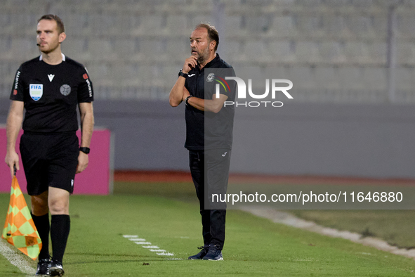 In Ta' Qali, Malta, on October 2, 2024, Vincenzo Potenza, head coach of Marsaxlokk, gestures during the Malta 360 Sports Premier League socc...