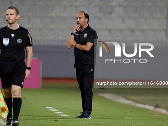 In Ta' Qali, Malta, on October 2, 2024, Vincenzo Potenza, head coach of Marsaxlokk, gestures during the Malta 360 Sports Premier League socc...