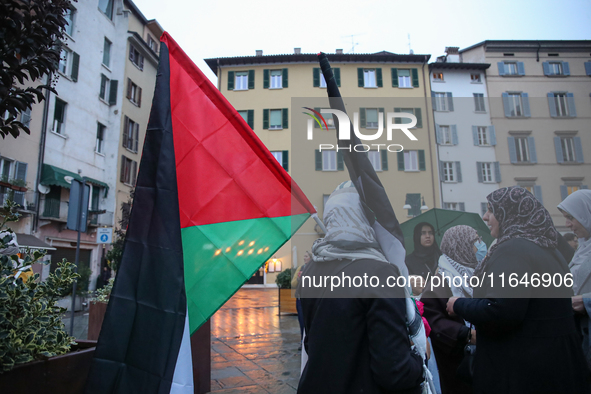 In Brescia, Italy, on October 7, 2024, a pro-Palestinian rally takes place on the anniversary of the Hamas attack on Israel. In the picture:...