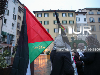 In Brescia, Italy, on October 7, 2024, a pro-Palestinian rally takes place on the anniversary of the Hamas attack on Israel. In the picture:...