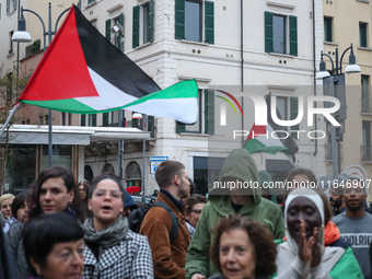 In Brescia, Italy, on October 7, 2024, a pro-Palestinian rally takes place on the anniversary of the Hamas attack on Israel. In the picture:...