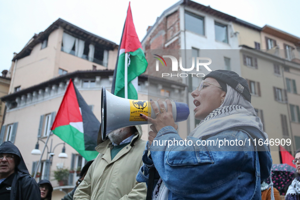 In Brescia, Italy, on October 7, 2024, a pro-Palestinian rally takes place on the anniversary of the Hamas attack on Israel. In the picture:...