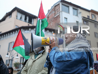 In Brescia, Italy, on October 7, 2024, a pro-Palestinian rally takes place on the anniversary of the Hamas attack on Israel. In the picture:...