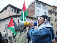 In Brescia, Italy, on October 7, 2024, a pro-Palestinian rally takes place on the anniversary of the Hamas attack on Israel. In the picture:...