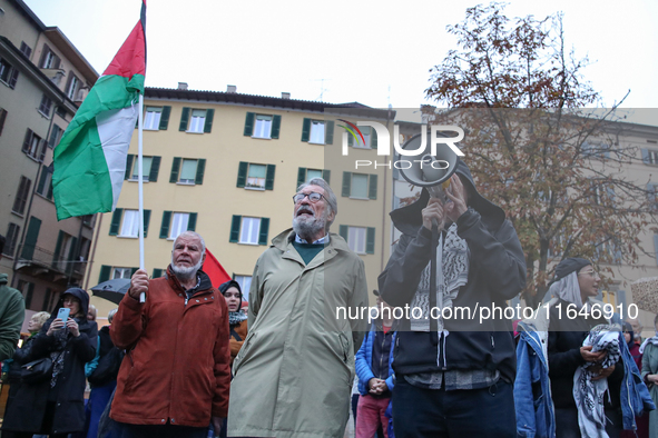 In Brescia, Italy, on October 7, 2024, a pro-Palestinian rally takes place on the anniversary of the Hamas attack on Israel. In the picture:...