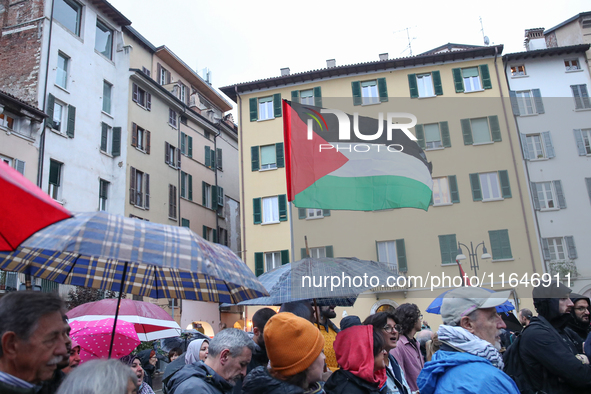 In Brescia, Italy, on October 7, 2024, a pro-Palestinian rally takes place on the anniversary of the Hamas attack on Israel. In the picture:...