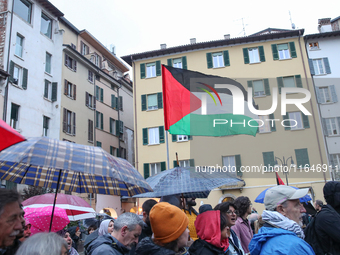 In Brescia, Italy, on October 7, 2024, a pro-Palestinian rally takes place on the anniversary of the Hamas attack on Israel. In the picture:...