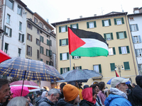 In Brescia, Italy, on October 7, 2024, a pro-Palestinian rally takes place on the anniversary of the Hamas attack on Israel. In the picture:...