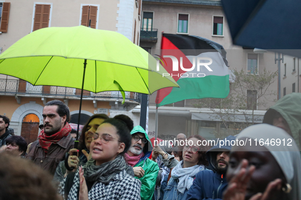 In Brescia, Italy, on October 7, 2024, a pro-Palestinian rally takes place on the anniversary of the Hamas attack on Israel. In the picture:...