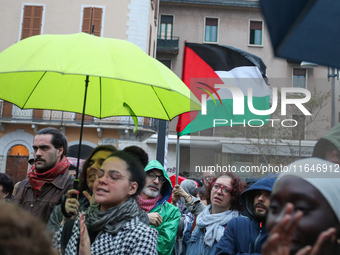 In Brescia, Italy, on October 7, 2024, a pro-Palestinian rally takes place on the anniversary of the Hamas attack on Israel. In the picture:...