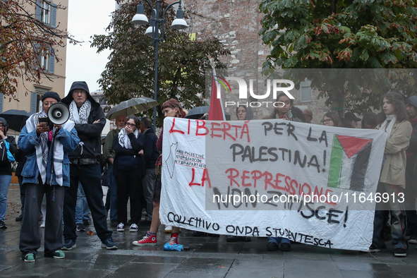 In Brescia, Italy, on October 7, 2024, a pro-Palestinian rally takes place on the anniversary of the Hamas attack on Israel. In the picture:...