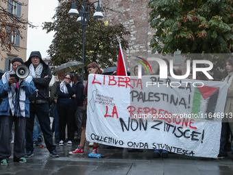 In Brescia, Italy, on October 7, 2024, a pro-Palestinian rally takes place on the anniversary of the Hamas attack on Israel. In the picture:...