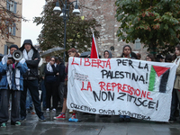 In Brescia, Italy, on October 7, 2024, a pro-Palestinian rally takes place on the anniversary of the Hamas attack on Israel. In the picture:...