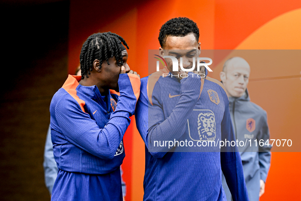 Netherlands players Jeremie Frimpong and Quinten Timber participate in the training and press conference for the Netherlands Nations League...