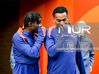 Netherlands players Jeremie Frimpong and Quinten Timber participate in the training and press conference for the Netherlands Nations League...