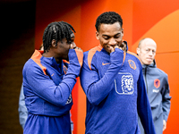 Netherlands players Jeremie Frimpong and Quinten Timber participate in the training and press conference for the Netherlands Nations League...