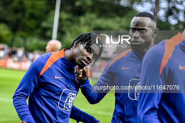 Netherlands players Jeremie Frimpong and Lutsharel Geertruida participate in the training and press conference for the Netherlands Nations L...