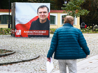 A banner with a picture of Belarusian-Polish journalist, Andrzej Poczobut, a political prisoner of Alexander Lukashenko regime, is seen in t...