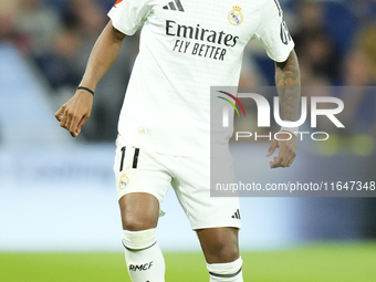 Rodrygo Goes right winger of Real Madrid and Brazil during the La Liga match between Real Madrid CF and Deportivo Alavés at Estadio Santiago...