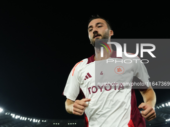 Bryan Cristante defensive midfield of Roma and Italy during the warm-up before the UEFA Europa League 2024/25 League Phase MD1 match between...