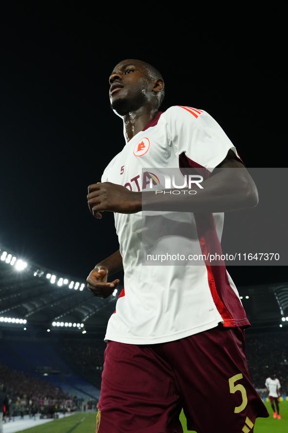 Evan Ndicka centre-back of Roma and Cote d'Ivoire during the warm-up before the UEFA Europa League 2024/25 League Phase MD1 match between AS...