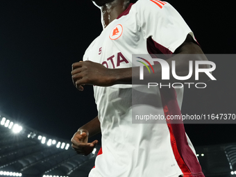 Evan Ndicka centre-back of Roma and Cote d'Ivoire during the warm-up before the UEFA Europa League 2024/25 League Phase MD1 match between AS...