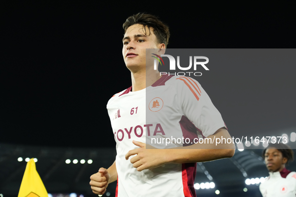 Niccolo Pisilli central midfield of Roma and Italy during the warm-up before the UEFA Europa League 2024/25 League Phase MD1 match between A...