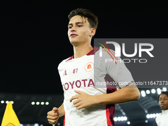 Niccolo Pisilli central midfield of Roma and Italy during the warm-up before the UEFA Europa League 2024/25 League Phase MD1 match between A...